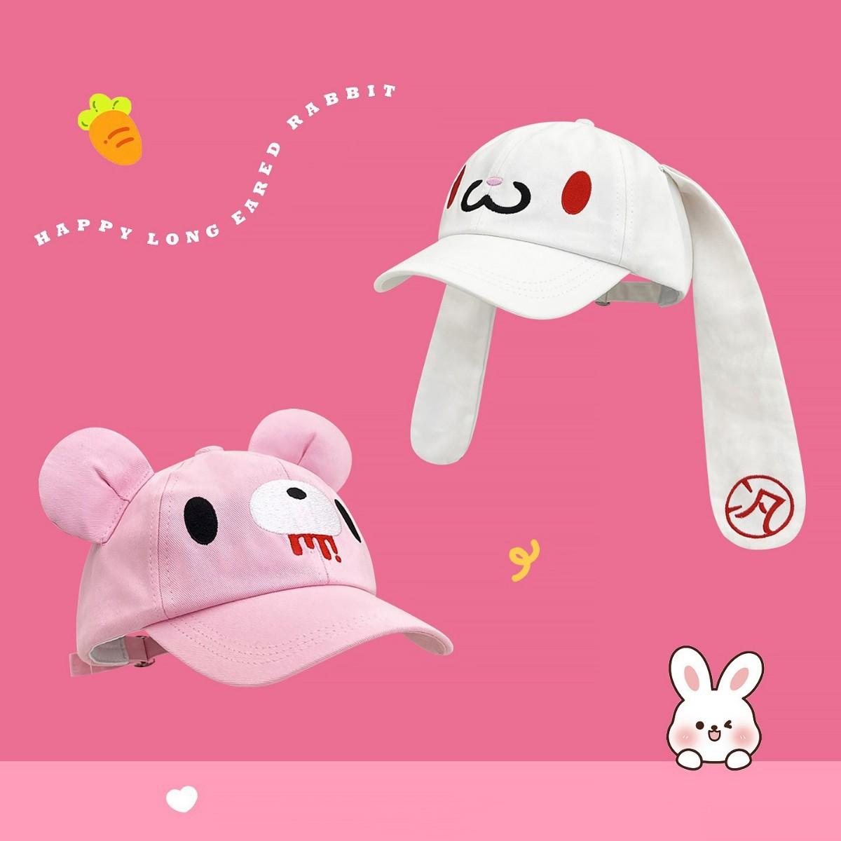 Sun Hat Wide Brim - Pink Cute Cartoon Bear Ear Baseball